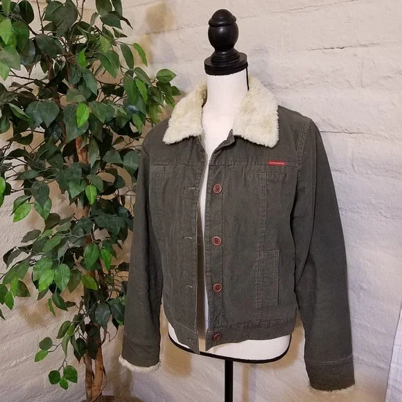 Vintage Roxy Corduroy Coat Juniors Medium Jacket Cotton Fur Green Button Down - Picture 7 of 7